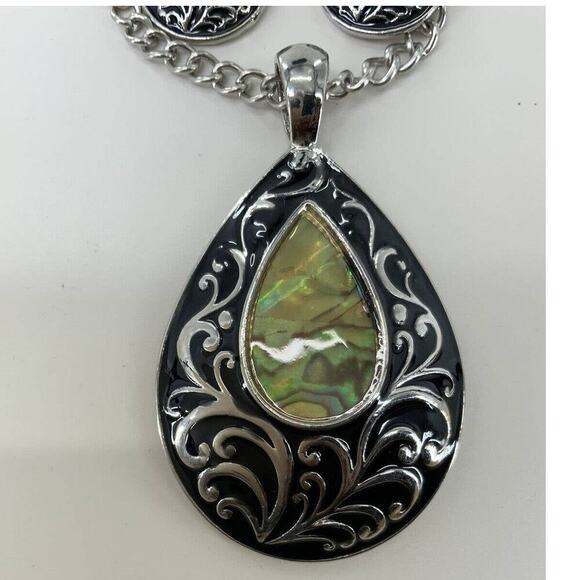 George Antique Silver Teardrop Abalone Earrings Necklace Set Fashion Jewelry NEW - Picture 2 of 5